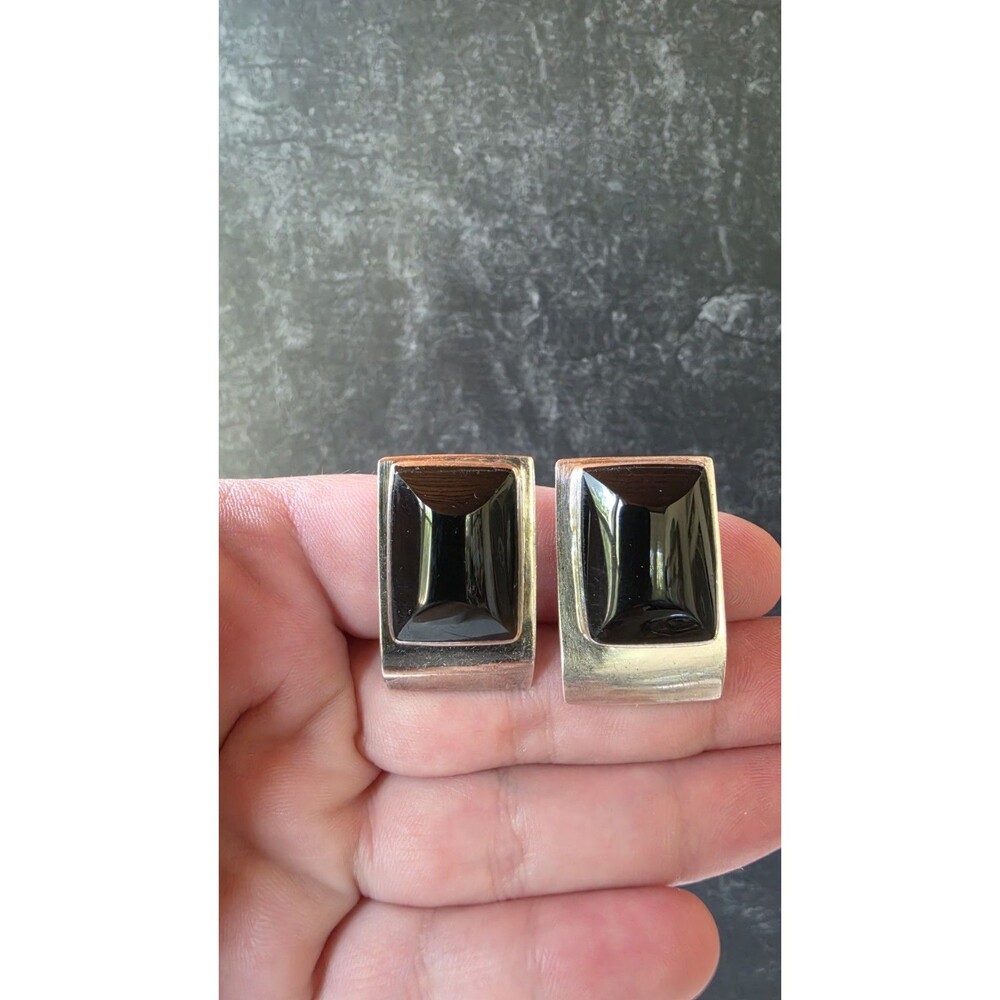 Mexican 925 Sterling Silver Onyx Clip-on Earrings Vintage